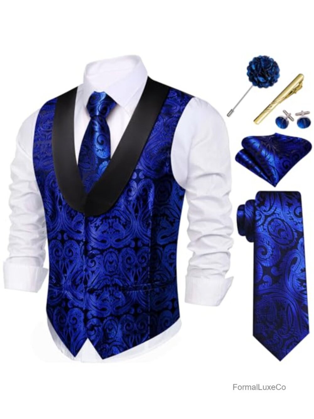 Mens Paisley Jacquard Suit Vest Tie Set 6PC Wedding Formal